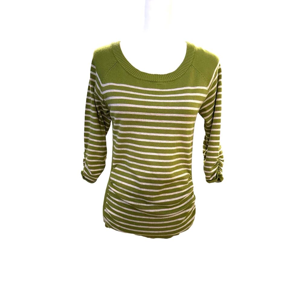 89th & Madison Green Gray Striped 3/4 Sleeve Sweater Large